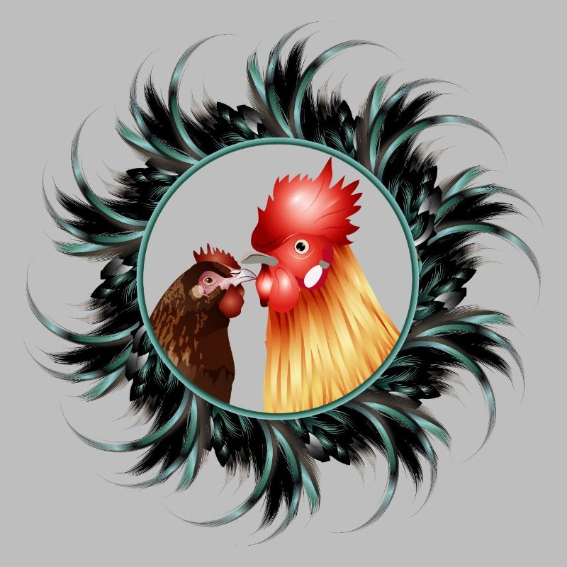 Rooster with hen in feather frame
