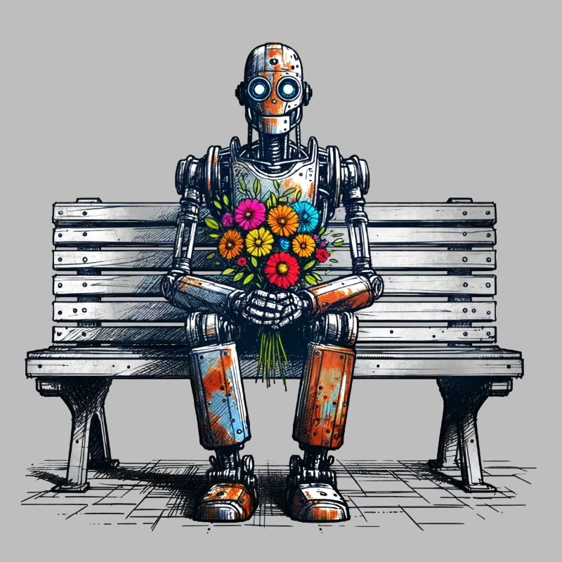 Robot banc fleurs Robot amour Art rouillé