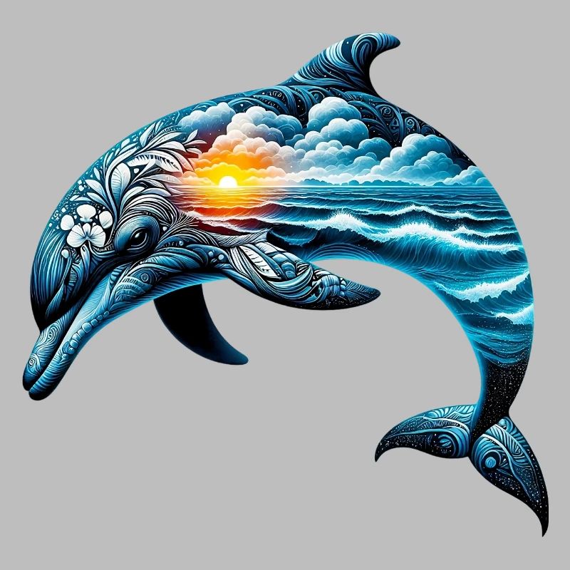 Decorated dolphin painted with a seascape