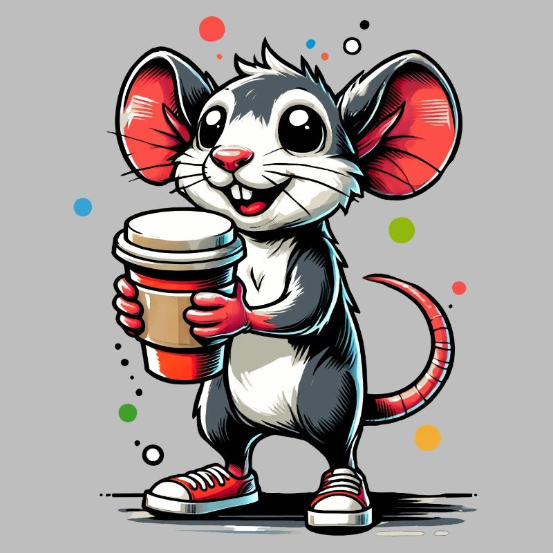 Dessin animé d’une souris joyeuse avec du café