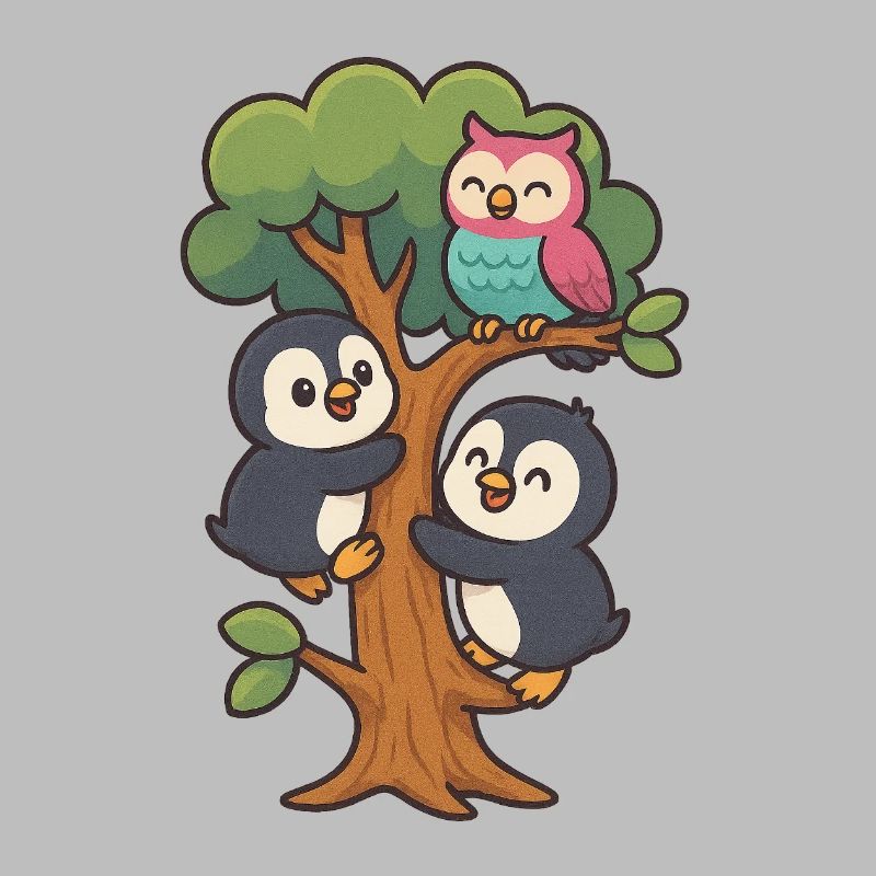 Pinguinbabys klettern auf einen Baum, Eule macht mit