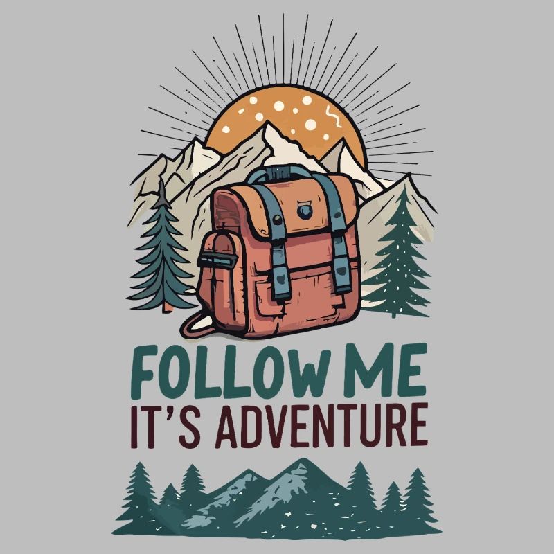 Backpack and mountains with adventure slogan