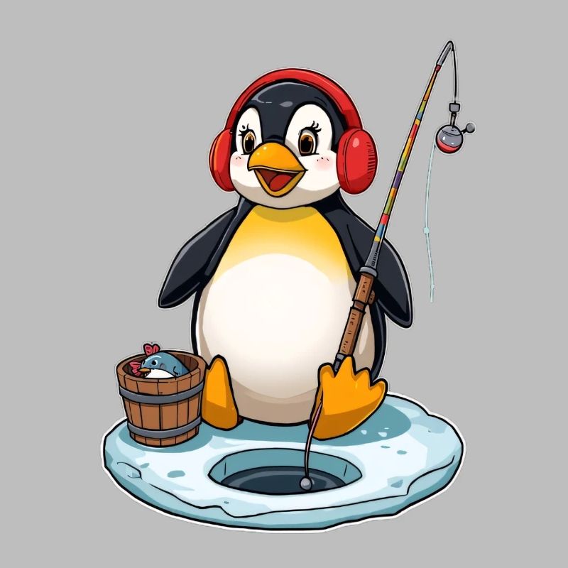 Pingouin pêcheur sur glace avec cache-oreille