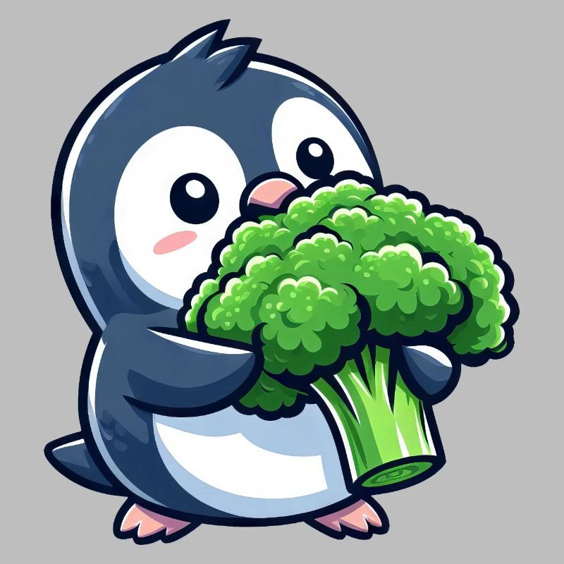 Funny Penguin with Broccoli Vegetables Vegan Comic