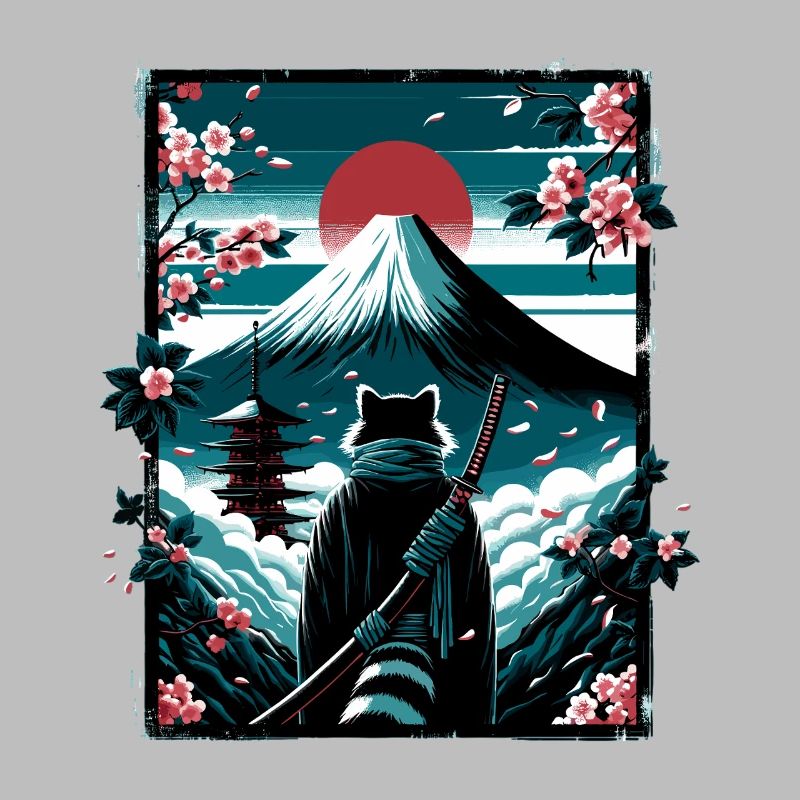 Chat avec une épée de samouraï devant Fuji
