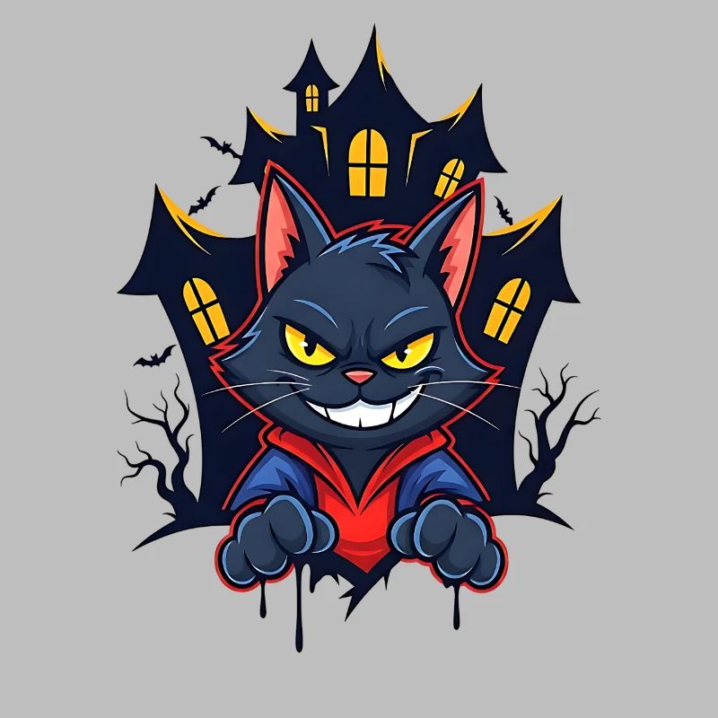 Chat souriant devant une maison hantée