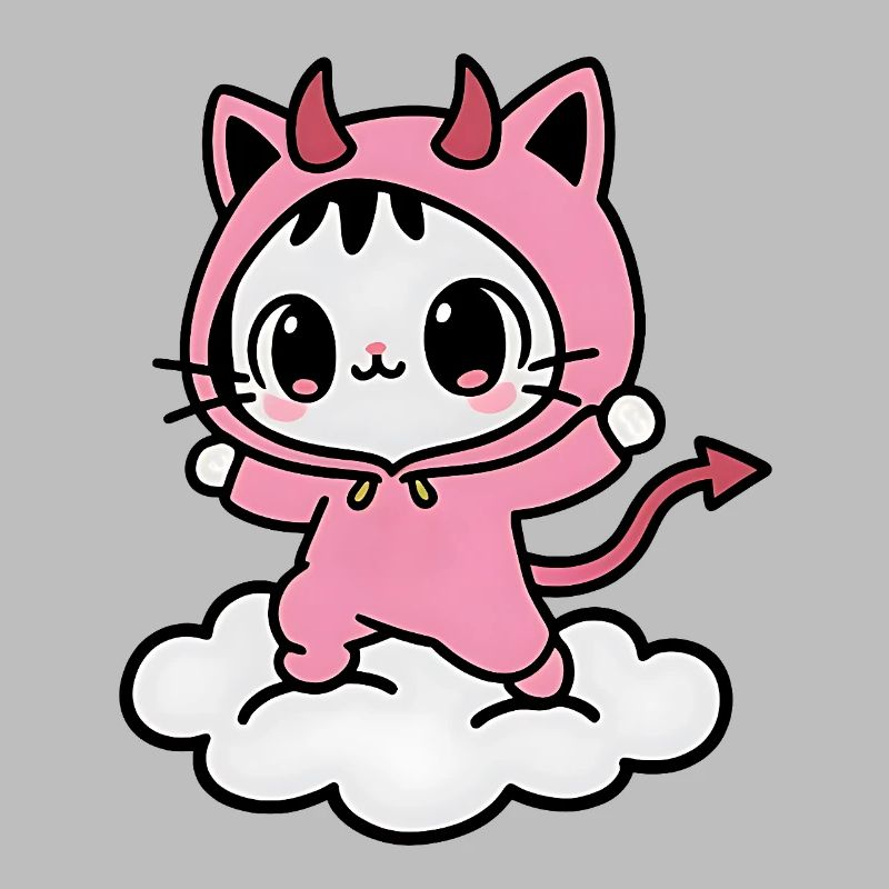 Kawaii Pink Dämon Katze auf einer Wolke