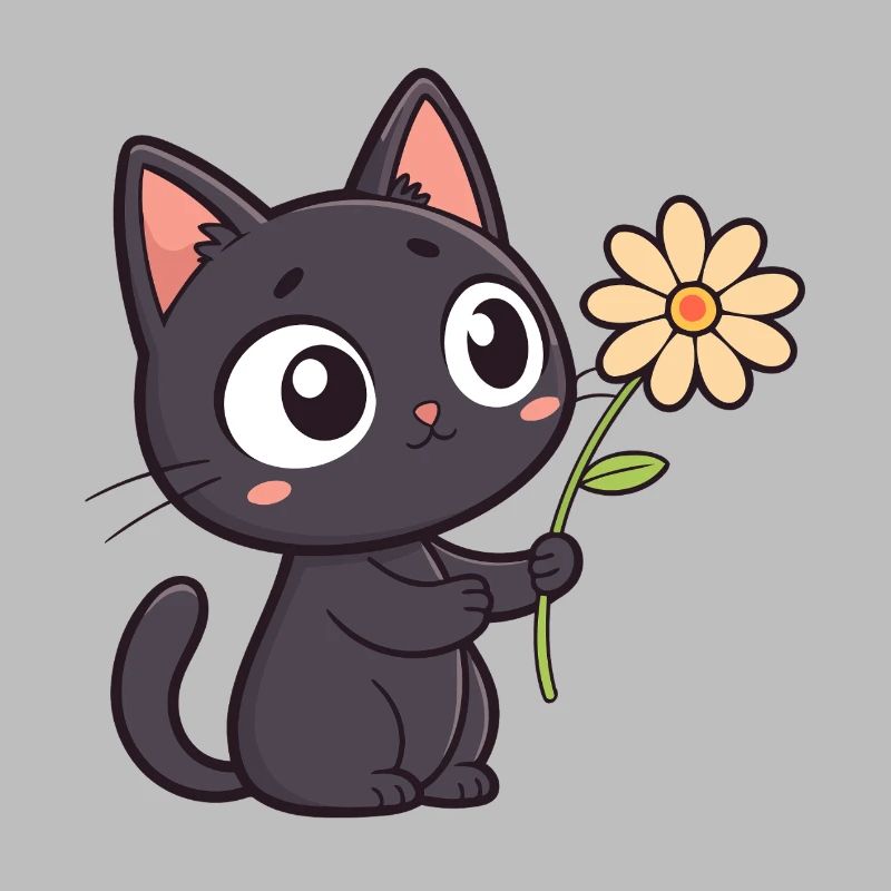 Kawaii Schwarze Katze und Gänseblümchen