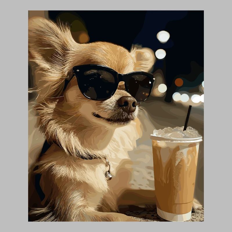 Sonnenbrillen-Hund mit Eiskaffee