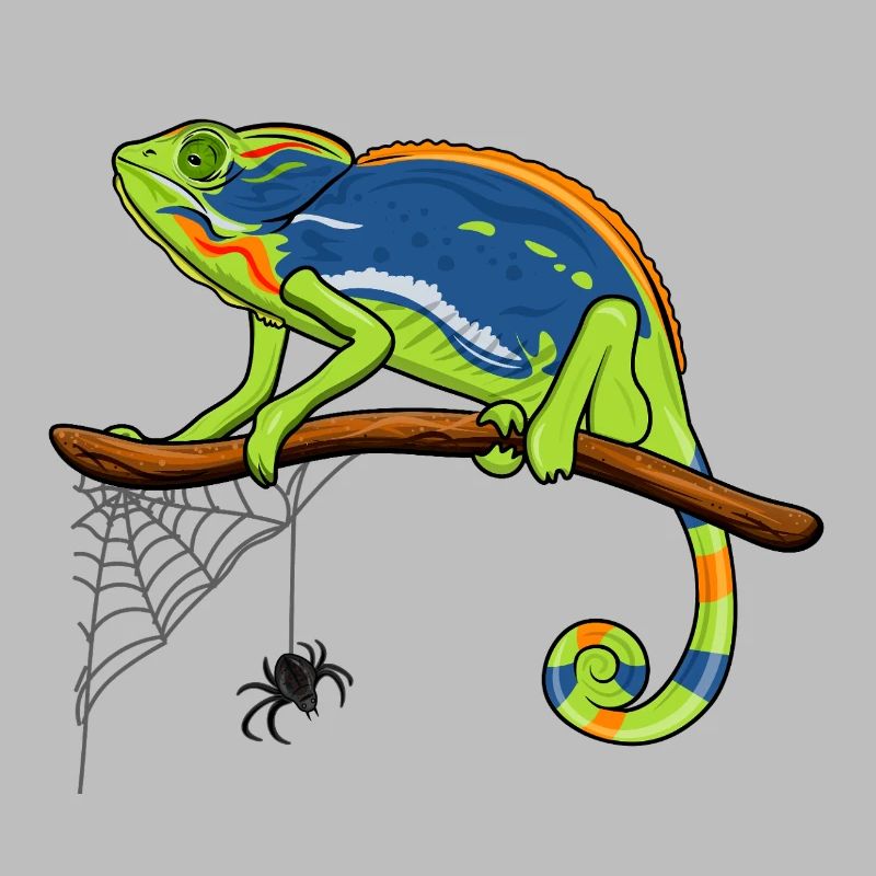 Chameleon On Branch with Spider Web