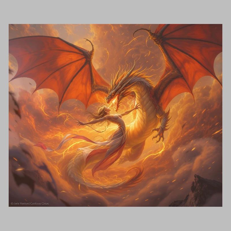 Fire Dragon with Phoenix on the Clouds