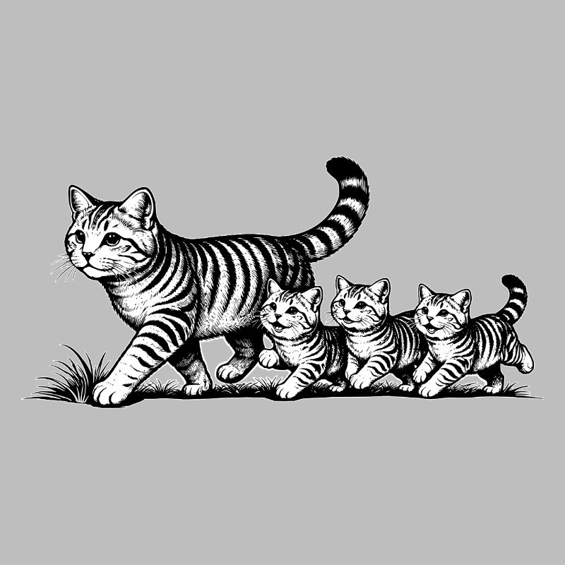 Mère chatte avec 3 chatons, noir et blanc