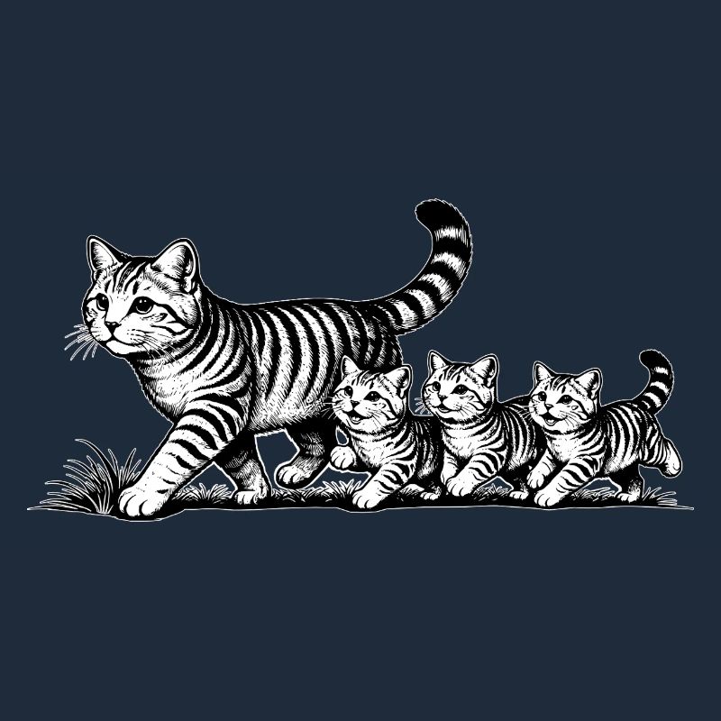 Mère chatte avec 3 chatons, noir et blanc