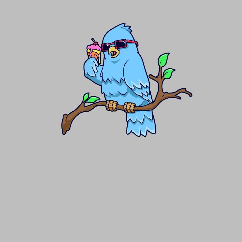 Cool bird on branch eats ice cream cone
