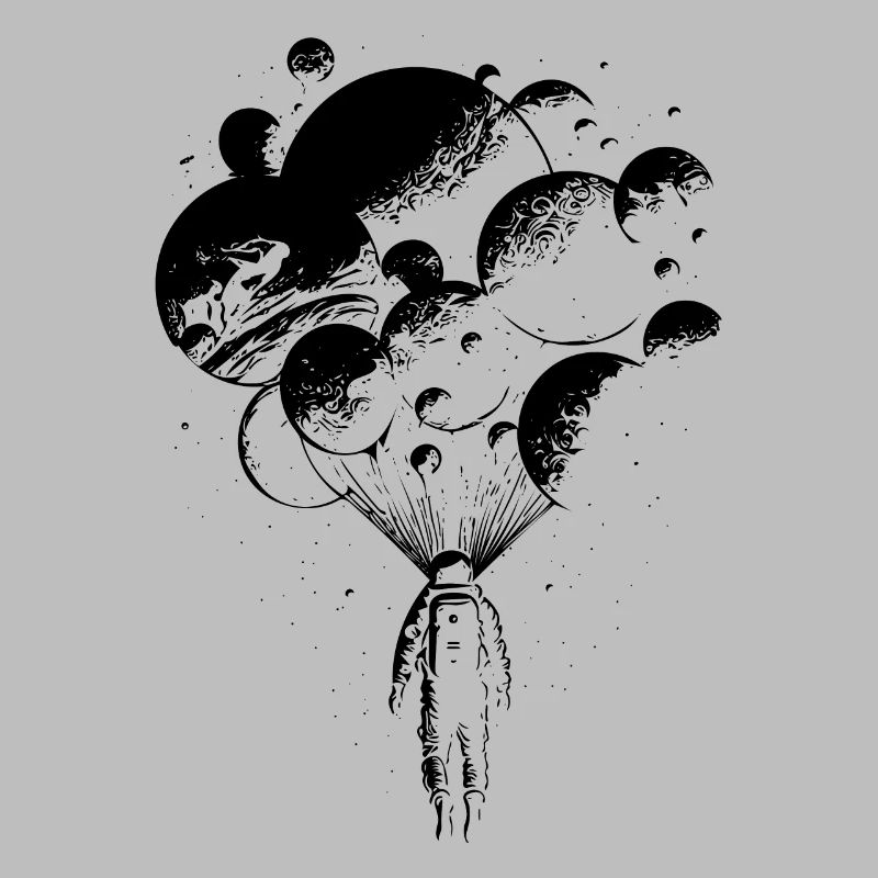 Astronaut in infinity with planetary balloons