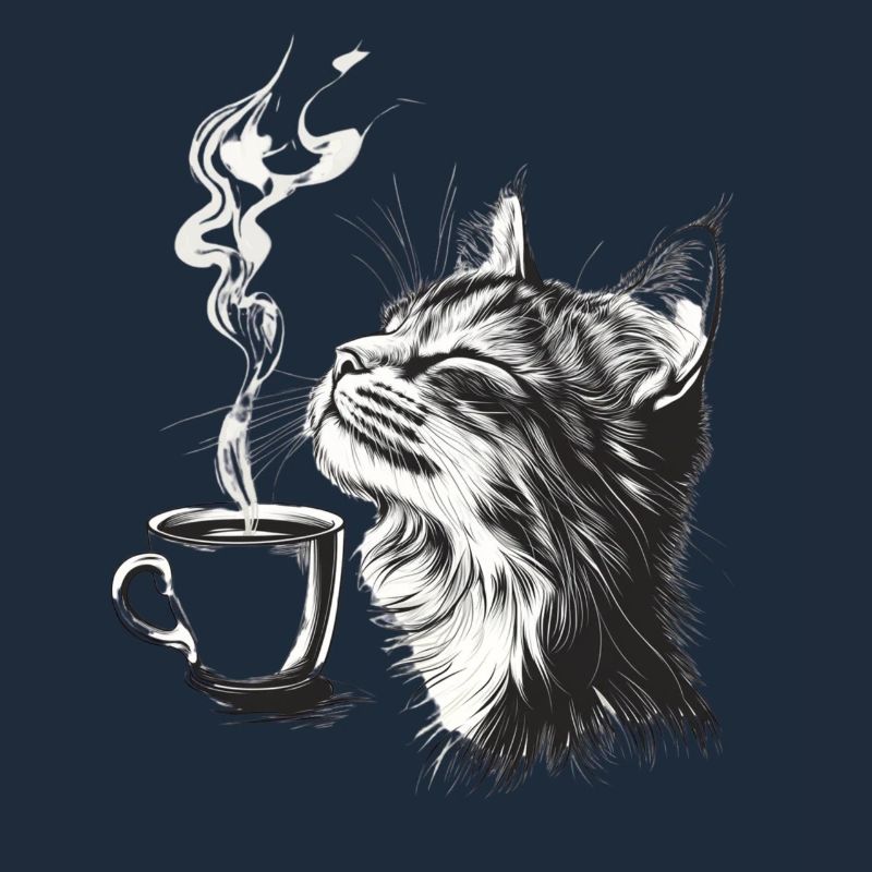 Relaxed Cat with Coffee - Sketch Style