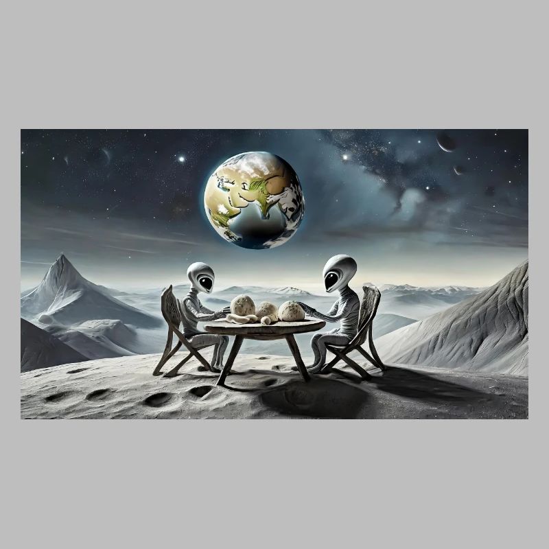 grey alien on the moon surface – eating dinner