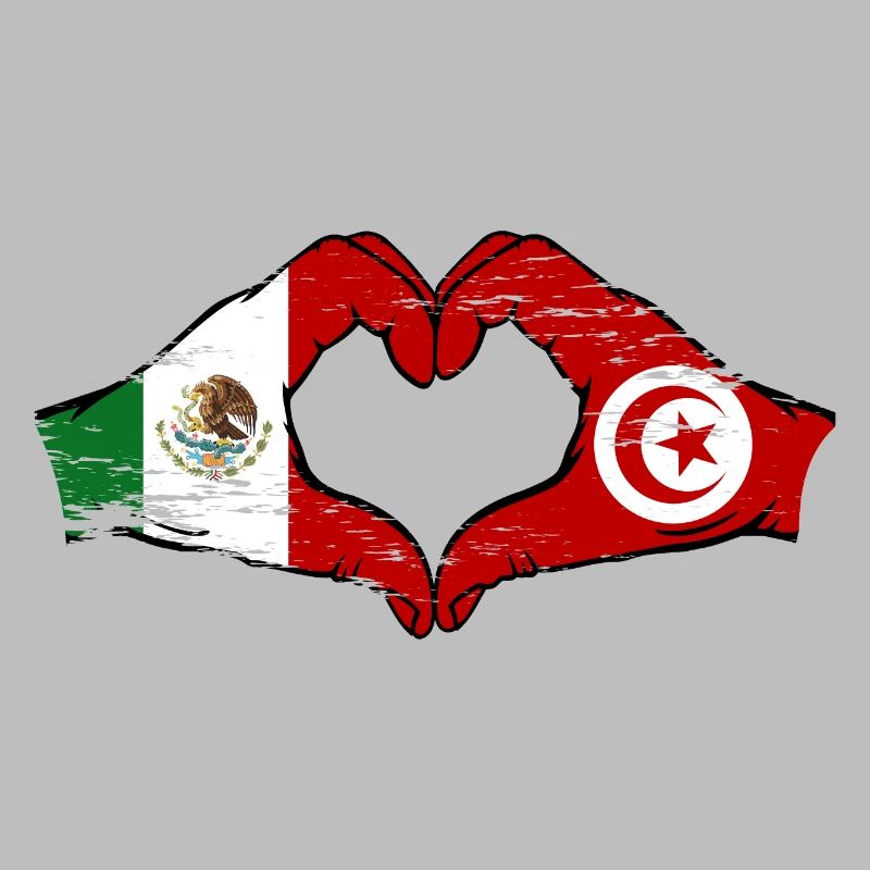 Mexique Drapeau Tunisie mains forme de coeur utilisé