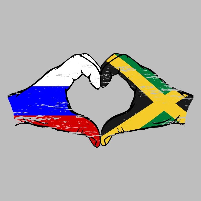 Russie Jamaïque drapeau mains forme de coeur utilisé