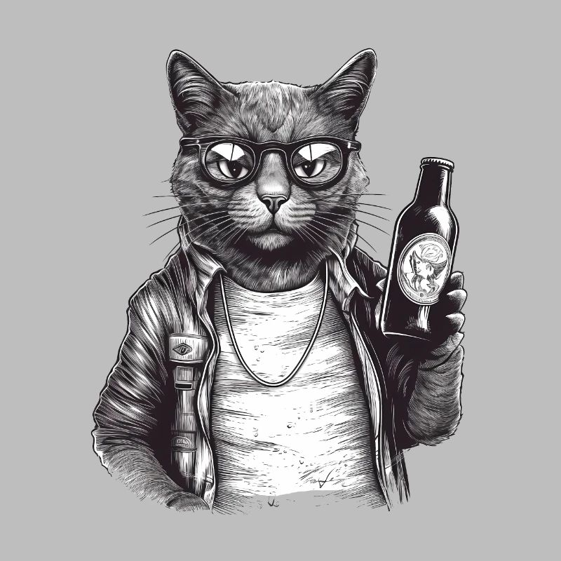 Coole Katze mit Bier, Lederjacke und Sonnenbrille
