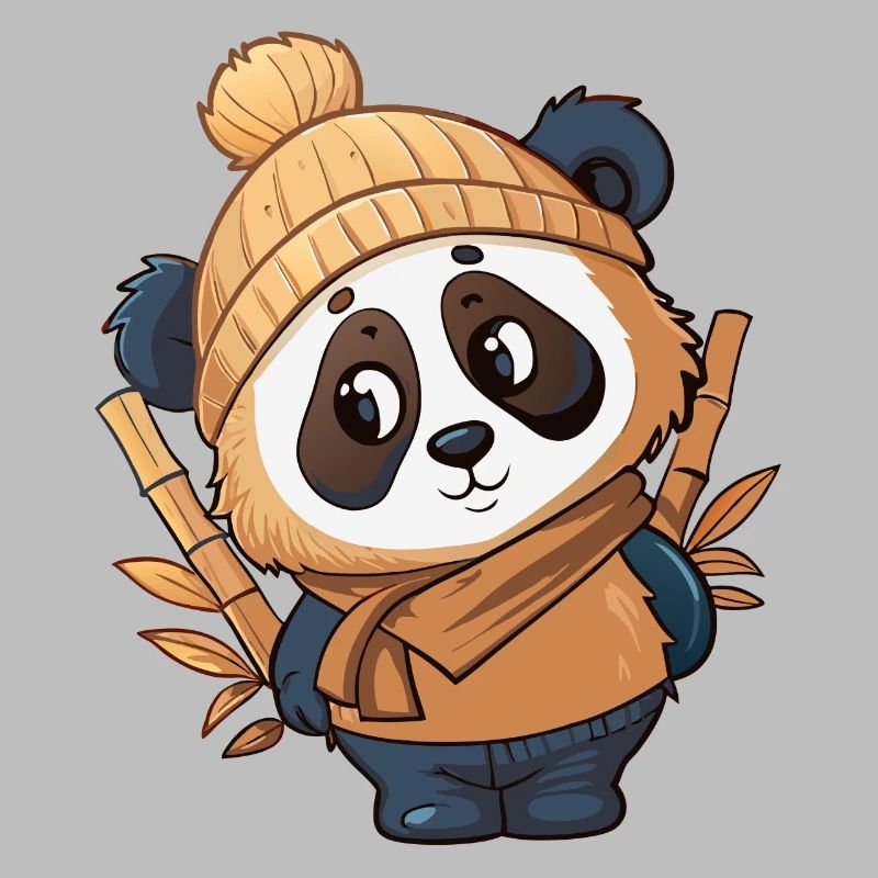 Panda mignon avec écharpe et chapeau à pompon.