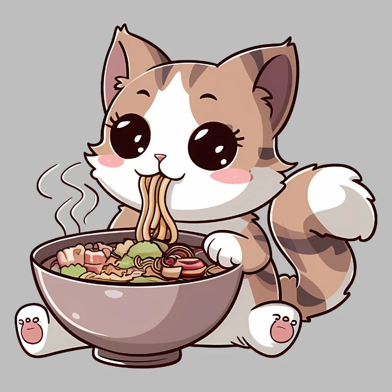 Chat Kawaii mangeant des ramen