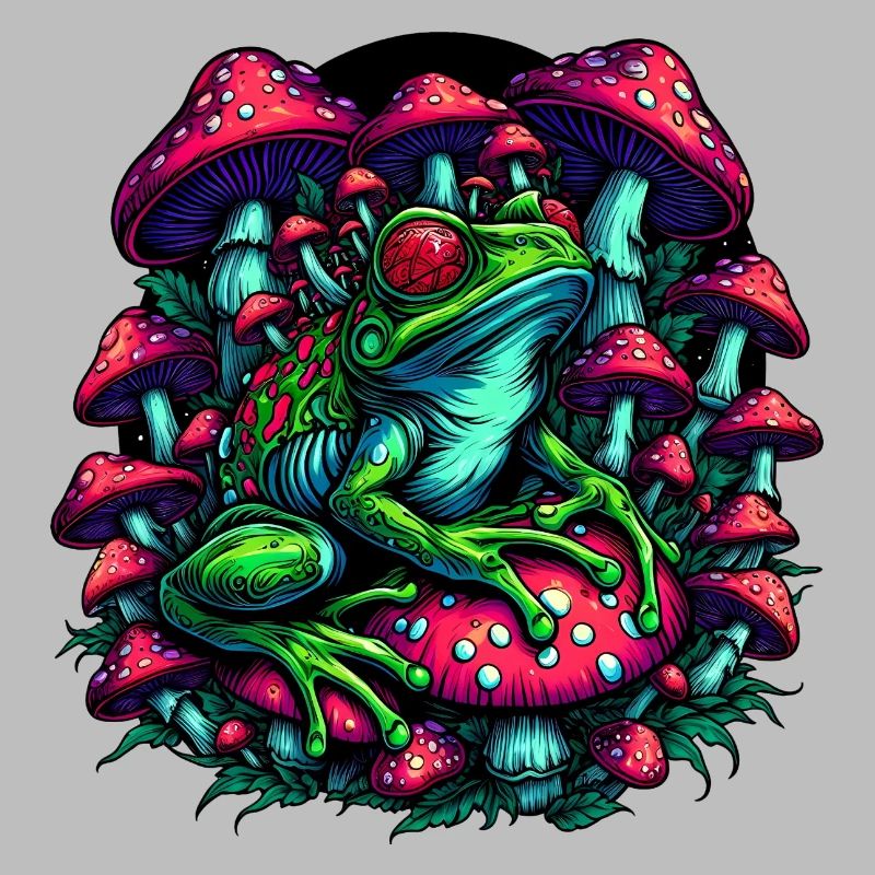Psychedelic frog with mushrooms