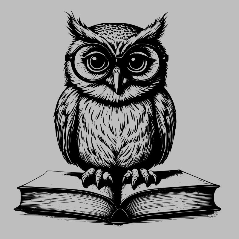 Kleine lustige Eule mit Brille sitzt auf Buch