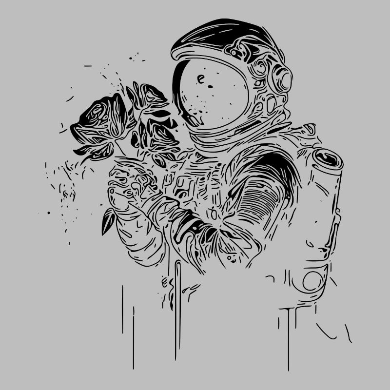 Astronaut in Unendlichkeit mit Blumenstrauß