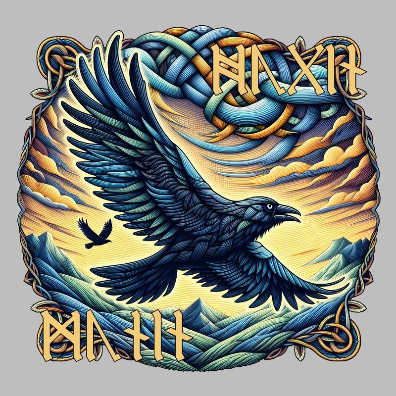 Hugin & Munin - Odin's raven with runic script