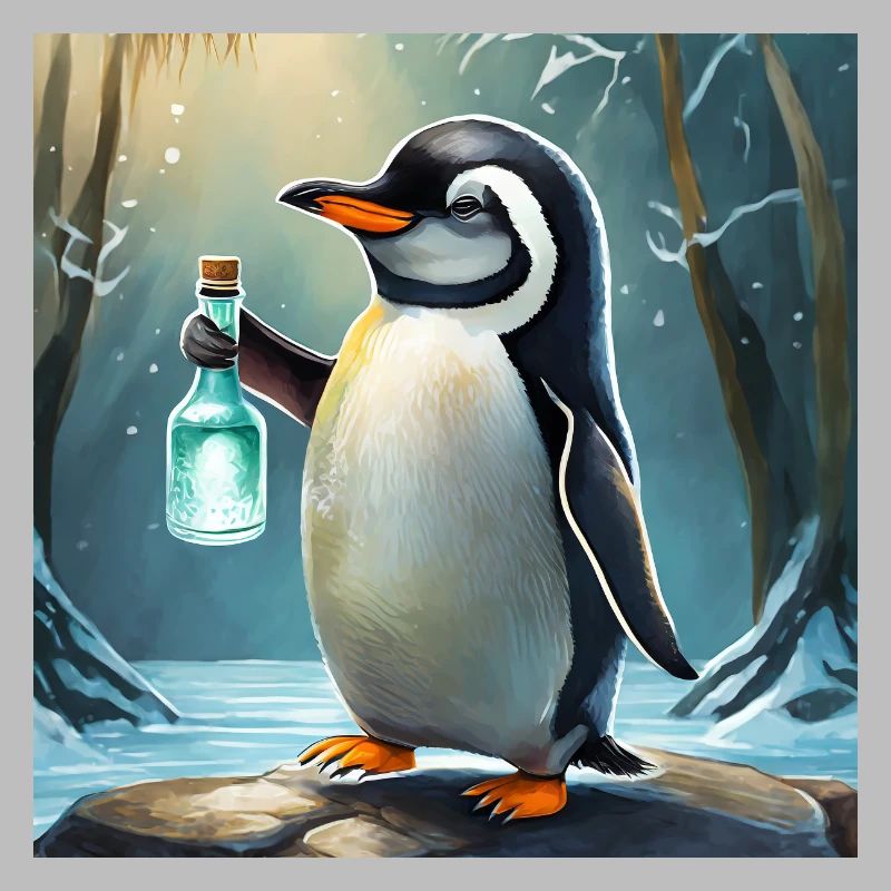 Pinguin mit einer Gin-Tonic-Flasche in der Hand