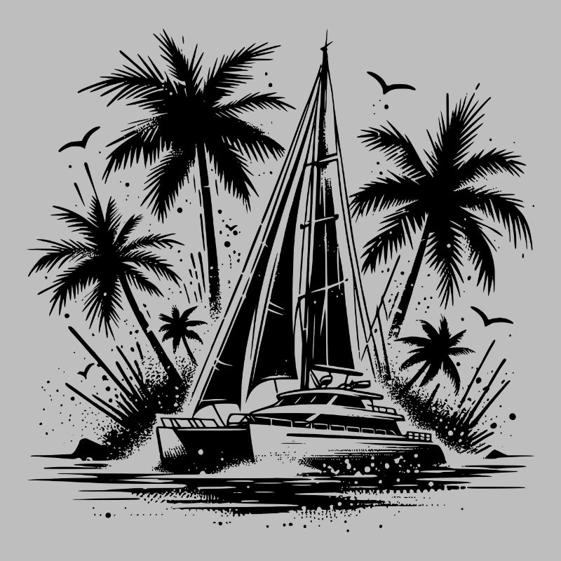 Palmiers avec catamaran à voile double coque