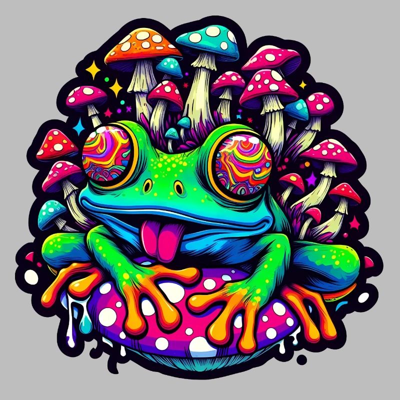Psychedelic frog with mushrooms
