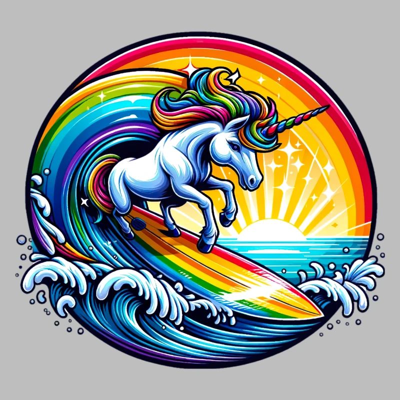 Surfendes Einhorn auf Regenbogenwelle