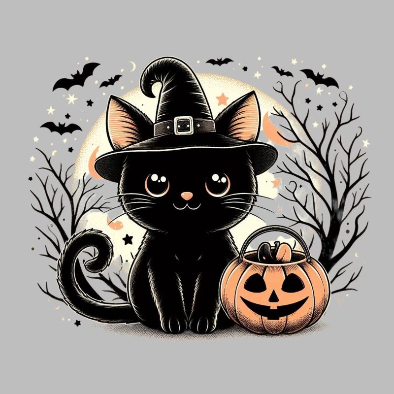 Cute black kitten witch halloween