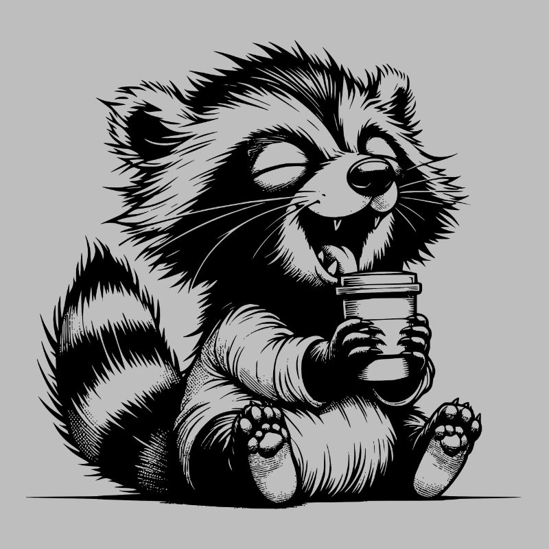 Happy raccoon with full coffee cup