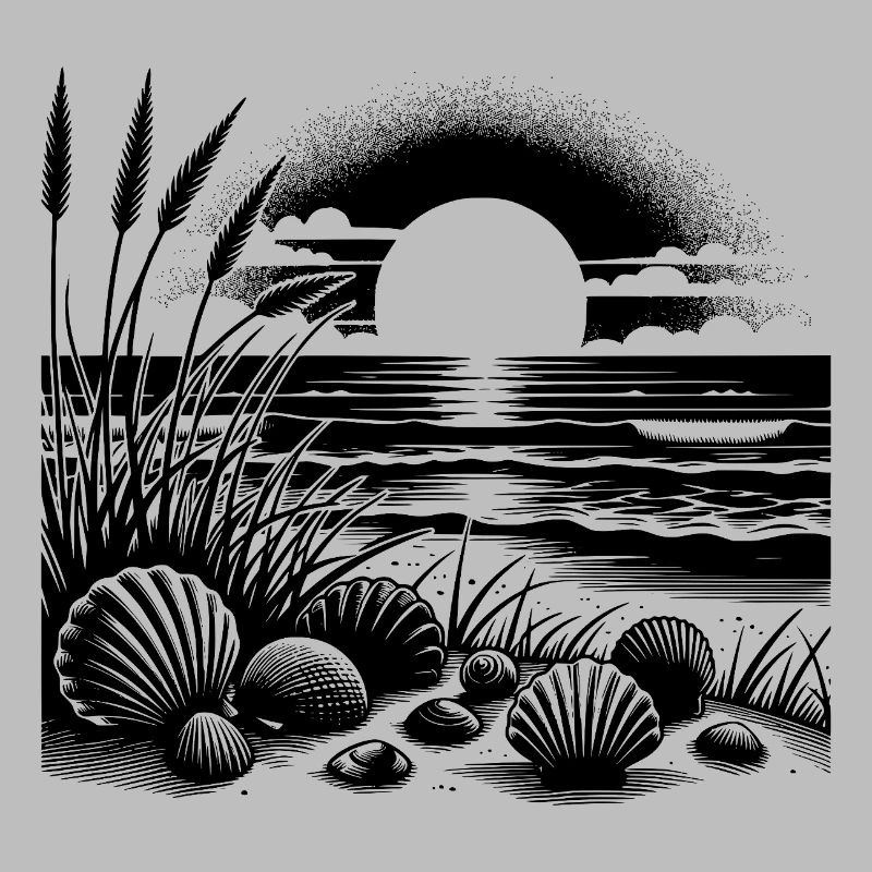 Shells and grass beach motif with sunset