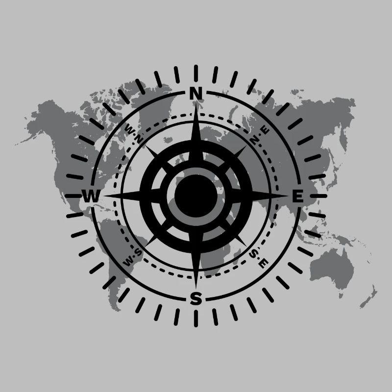 World map with cardinal direction black and white