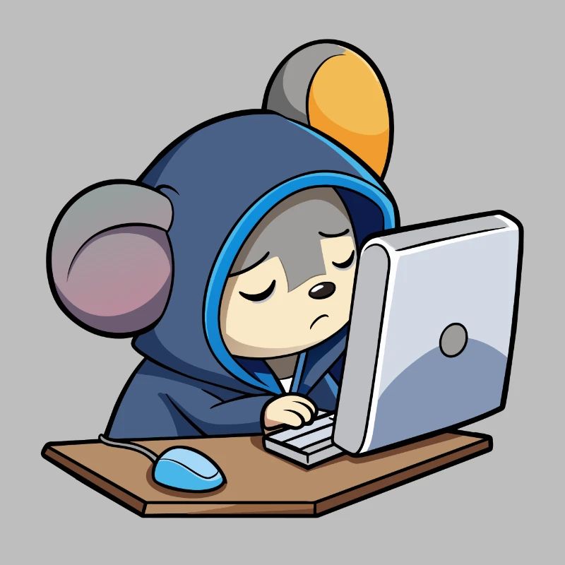 Niedliche Hacker Maus schläft im Hoodie vorm PC