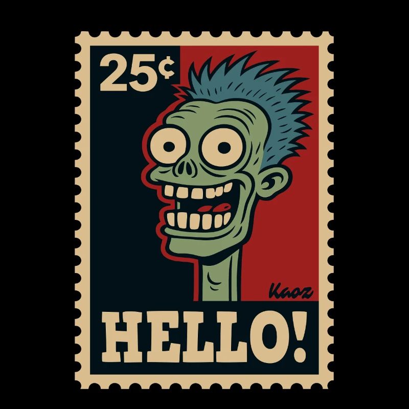 Comic-Zombie auf Briefmarke mit „HALLO!“