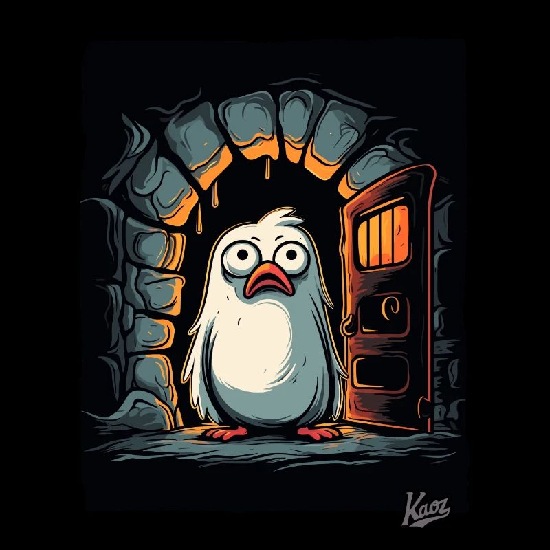 Baffled little cute bird in dungeon dungeon