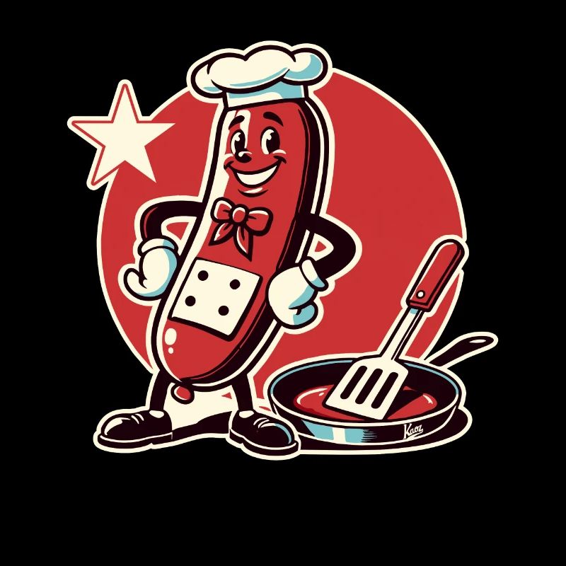 The chef is a funny bratwurst with a pan