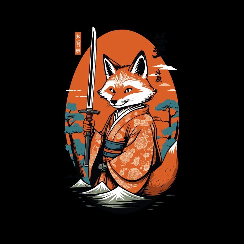 Kitsune Samurai Fuchs Vintage Ukiyo-e Stil