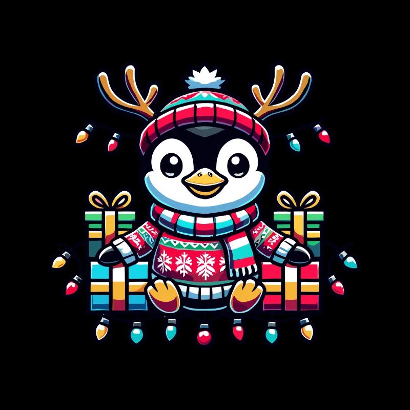 Fröhlicher Pinguin Mit Lichterkette Und Geschenken
