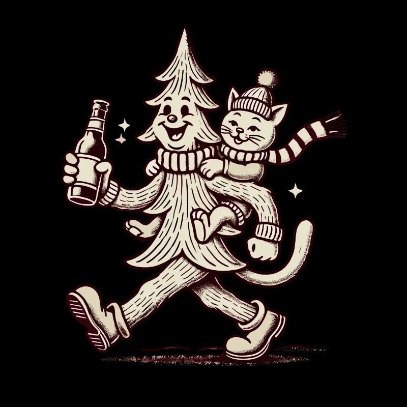 Retro Christmas Tree And Cat Winter Fun