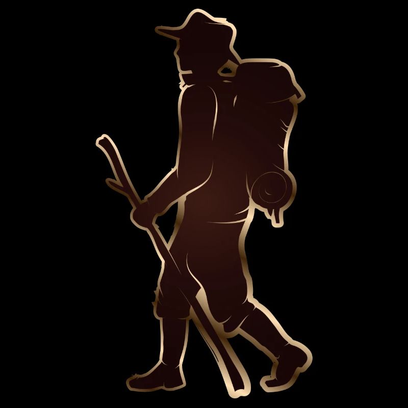 Pilgrim or hiker with walking stick & backpack