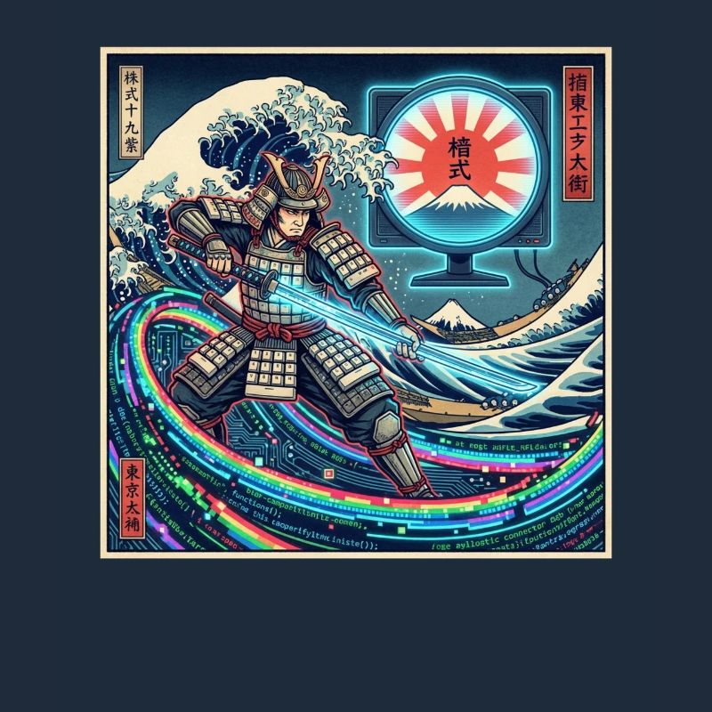 Cyber Samurai 模式 devant les vagues et Fuji