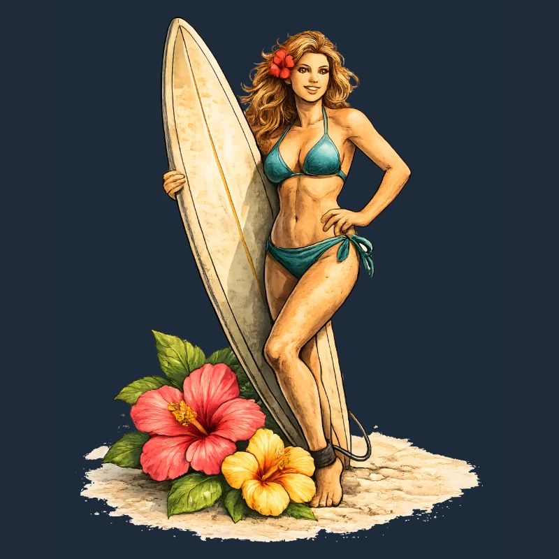 Surfeur avec planche et fleurs d’hibiscus