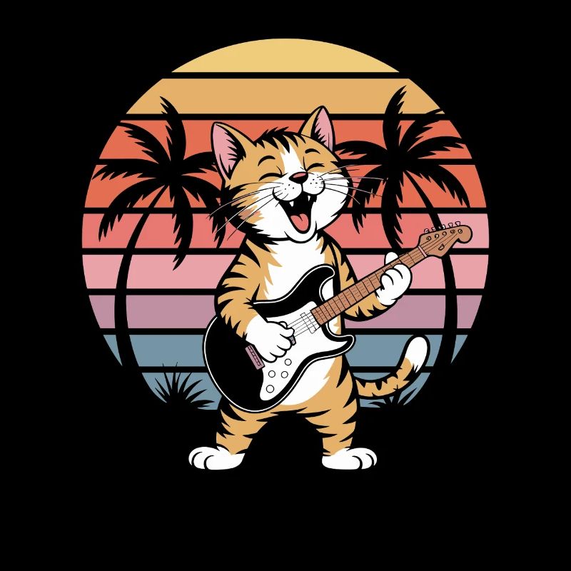 Chat de plage avec guitare dans un coucher de soleil rétro