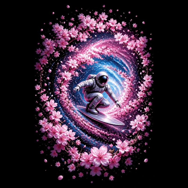 Astronaute surf dans un vortex, fleurs de cerisier